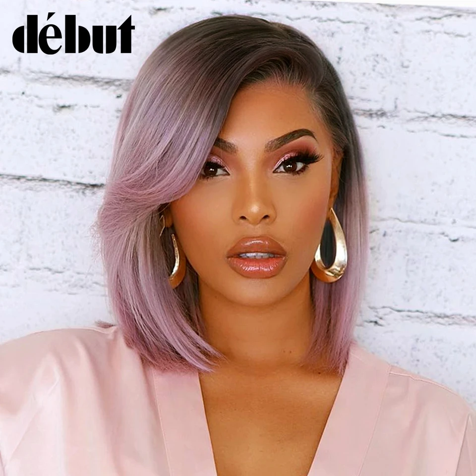 Top Trends: Purple Straight Bob Wig Brazilian Lace Part Human Hair Wigs For Women HD Highlight Wig Glueless Lace Front Wig With Bangs DEBUT Shoppable Styles