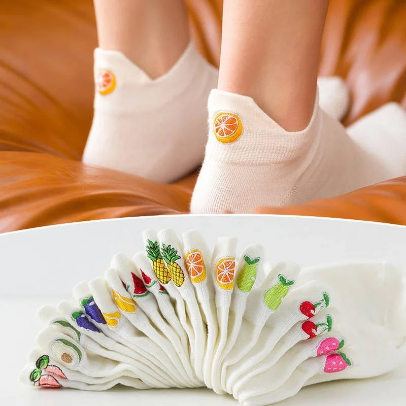 Top Trends: Casual Solid White Socks Women Embroidery Fruits Avocado Strawberry Watermelon Banana Short Socks Summer Harajuku Ankle Socks Shoppable Styles