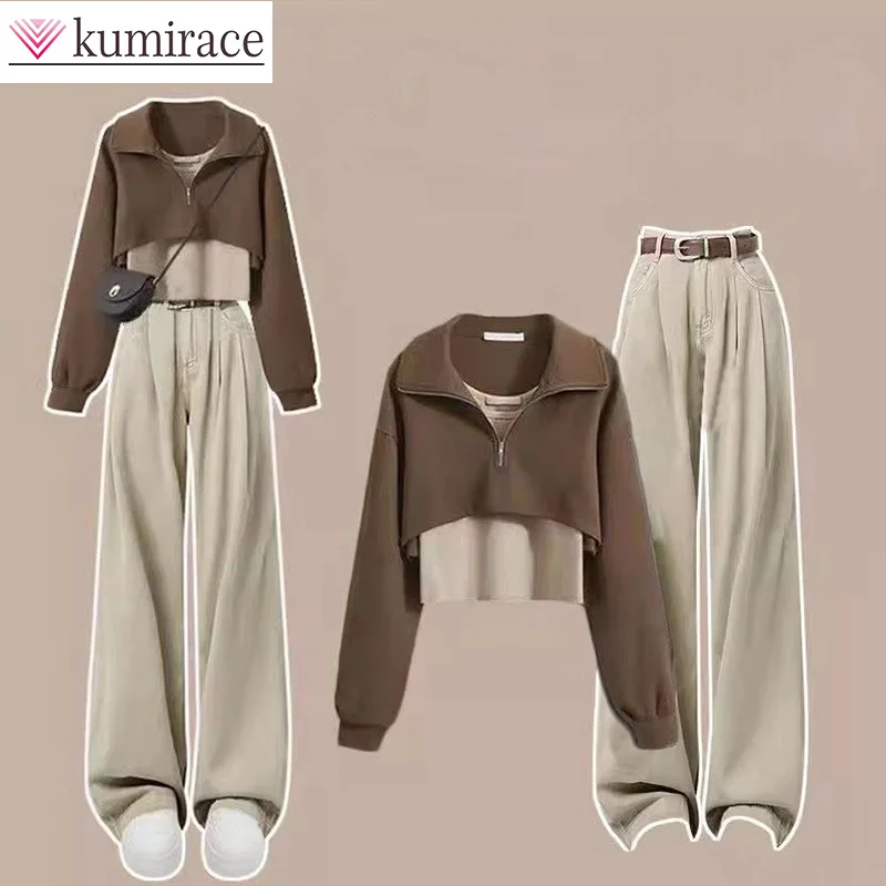 Top Trends: Autumn Set Female Student Korean Version Loose Two Piece Layup Sweater High Waist Wide Leg Pants Three Piece Set Winter Clothes Shoppable Styles