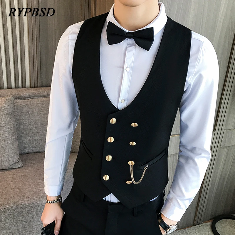 Top Trends: Mens Suit Vest Double-Breasted Disco Bar Waiter Work Uniform Slim Fit Casual Dress Vest For Men Waistcoat Tuxedo Gilet Homme Shoppable Styles