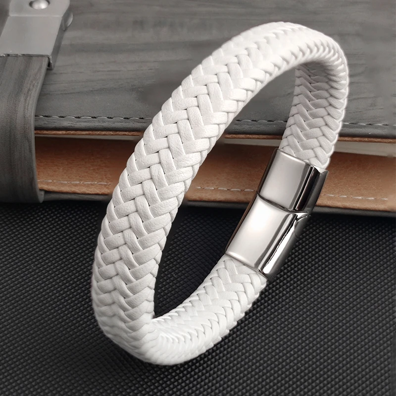 Top Trends: Fashion Simple White Leather Braid Bracelet Stainless Steel Buckle Clasps For Men Handmade Bangle Wholesale Charm Jewelry Gift Shoppable Styles