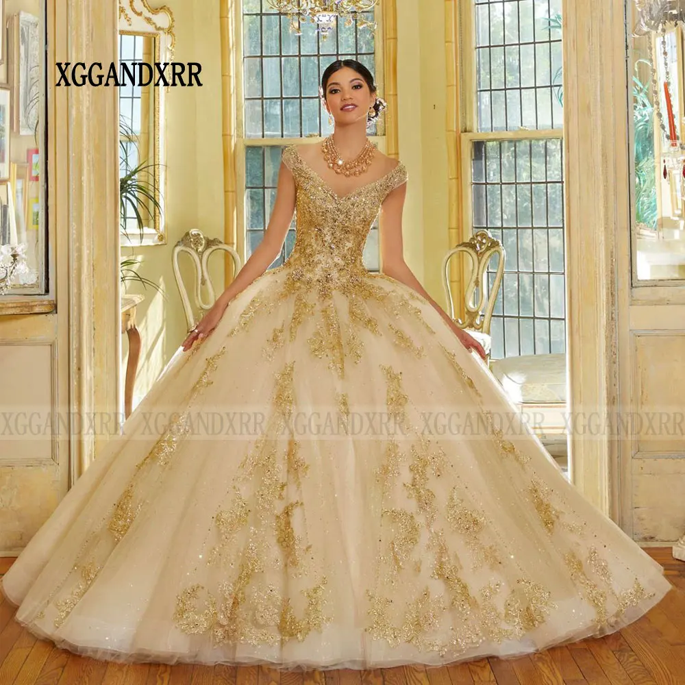 Top Trends: Shining Gold Quinceanera Dresses 2024 V Neck Lace Ball Gown Birthday Party Vestidos 15 Anos Princess Sweet 16 Girl Prom Dress Shoppable Styles - Image 3