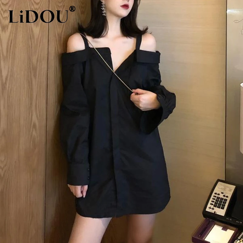 Top Trends: 2023 Spring Autumn Solid Color Fashion Slash Neck Long Sleeve Shirt Dress Women Casual Off Shoulder Button All-match Vestidos Shoppable Styles