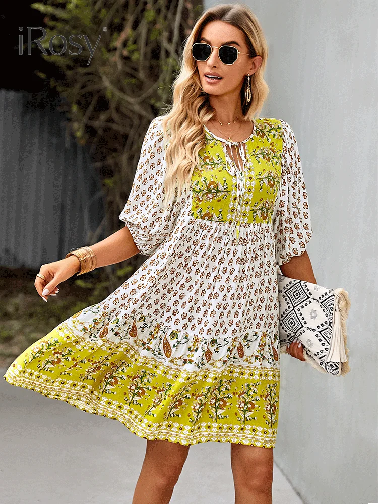 Top Trends: Elegant And Chic Fixed Pattern Design Short Lanten Sleeve Bohemian Viscose Dress For Women Summer Vacation Home Dresses Clothing Shoppable Styles