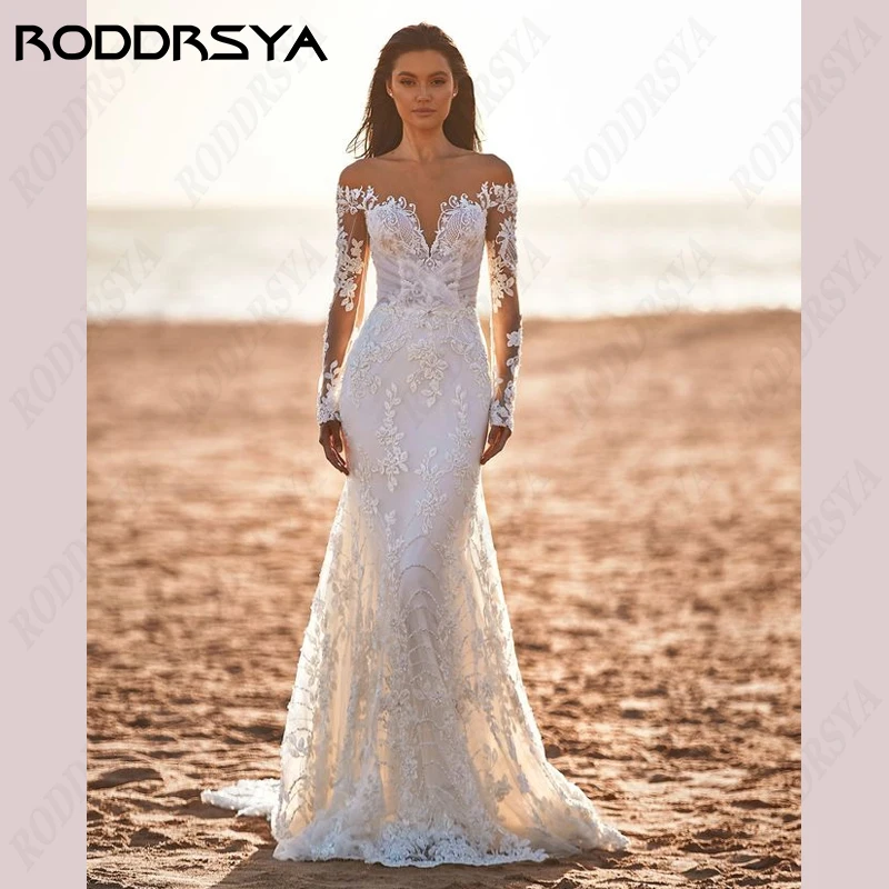 Top Trends: RODDRSYA Mermaid Wedding Dress For Women Elegant Scoop-Neck Beach Bridal Gown Illusion Button Back Long Sleeve Robe De Mariée Shoppable Styles