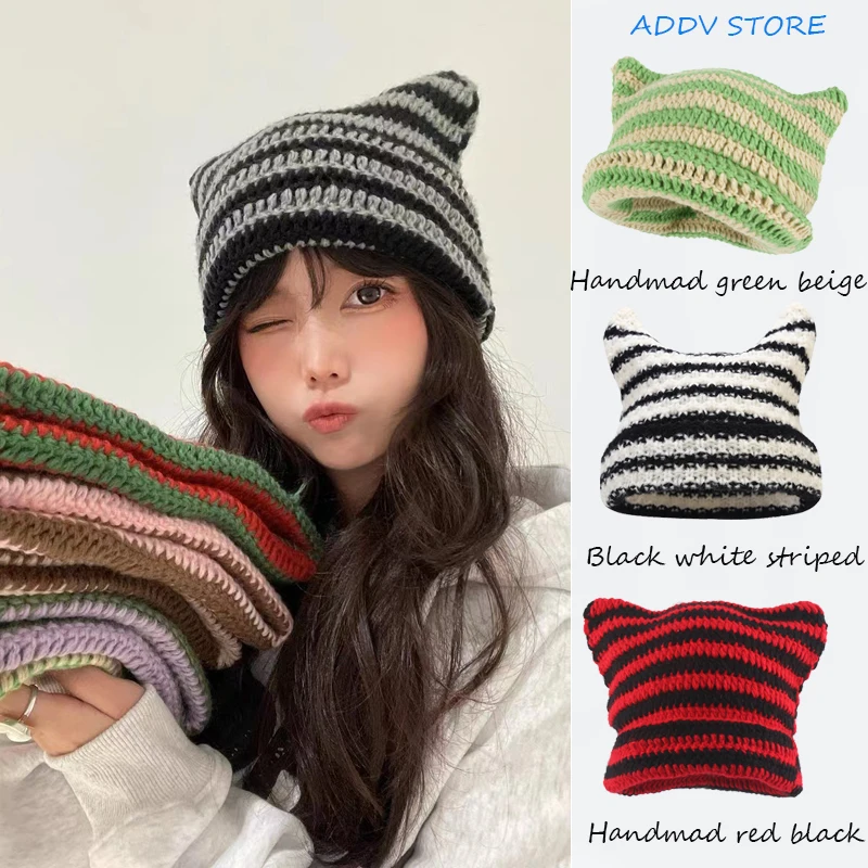 Top Trends: Y2K Japanese Streetwear Harajuku Beanie Little Devil Striped Knitted Hats For Women Men Girls Autumn Winter Cute Cat Ear Bonnets Shoppable Styles