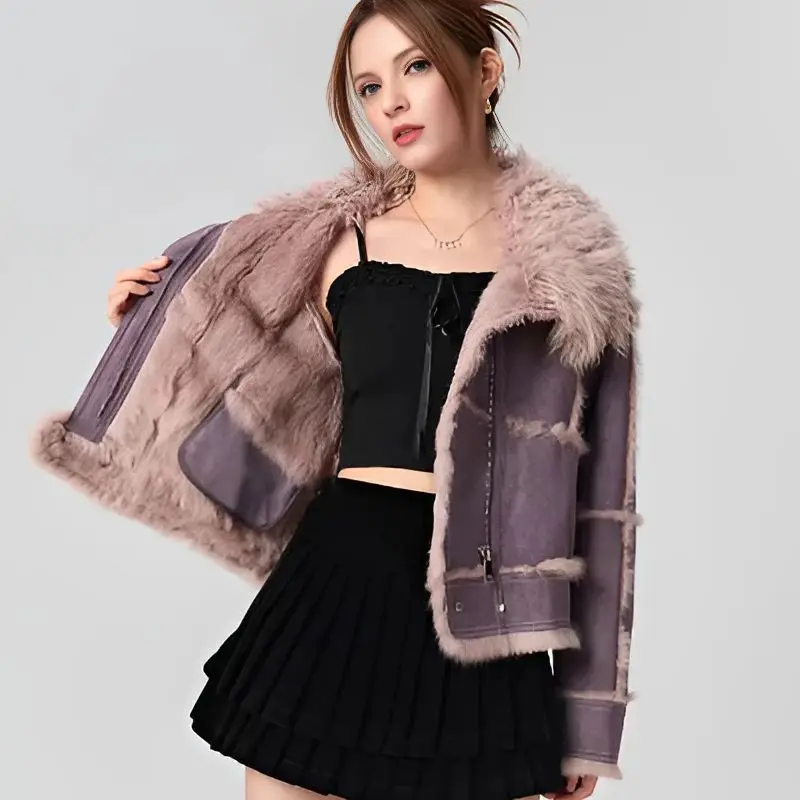 Top Trends: 2024New Spring Women Retro Short Faux Leather Fur Coat Clothing Moto Biker Zipper Sheepskin Jacket Long Sleeved Turn Down Collar Shoppable Styles