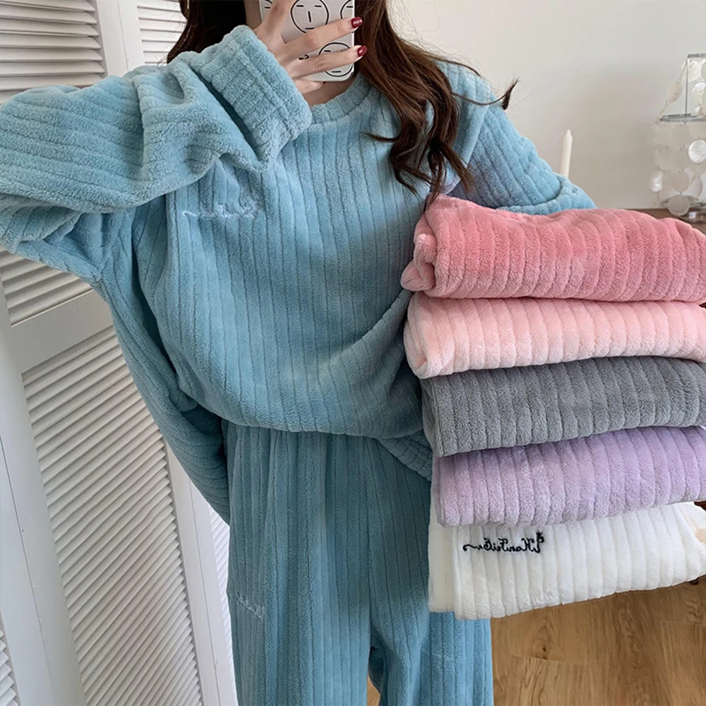 Top Trends: Autumn Winter Women Thicken Coral Fleece Pajamas Set Solid Warm 2 Piece Sets Pullover Pants Casual Long Sleeve Home Service Suit Shoppable Styles