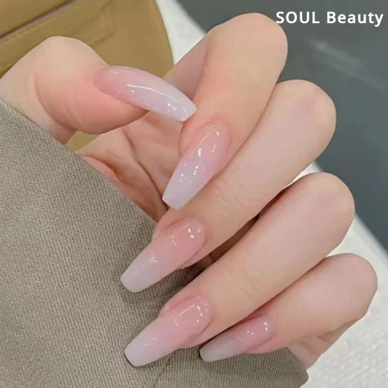 Top Trends: 24Pcs / Set Long Ballet Fake Nails Art Nude Pink Gradient False Nails Full Coverage Waterproof Artificial Press On Nail With Tools Shoppable Styles