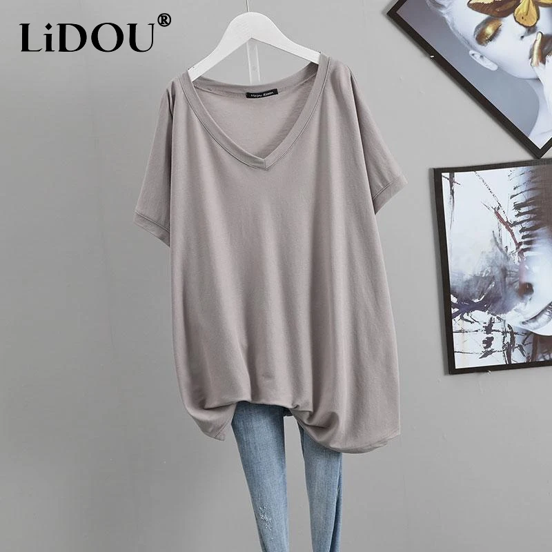 Top Trends: 2023 Summer New Solid Color V-neck Short Sleeve Mid-length T-Shirts Women Loose Casual All-match Tees Fashion Simple Youth Tops Shoppable Styles