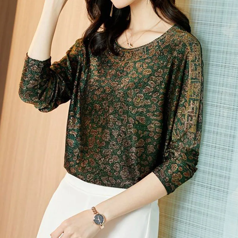 Top Trends: Elegant Vintage Round Neck Bright Silk Printed T-shirt Spring Autumn Korean Diamonds Batwing Sleeve Top Fashion Women&#039;s Clothing Shoppable Styles