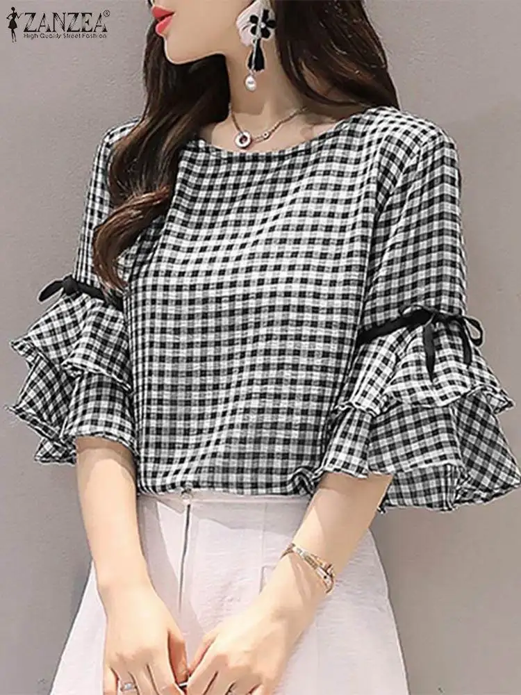 Top Trends: Korean Style Check Tops Women Summer Blouse ZANZEA 2023 Casual Lace-Up Flounce Sleeve Blusas Female O Neck Tunic Oversized Shirt Shoppable Styles