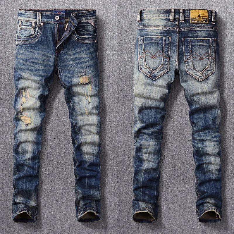 Top Trends: Fashion Designer Men Jeans Retro Black Blue Slim Ripped Jeans Men Stretch Trousers Embroidery Patched Vintage Casual Denim Pants Shoppable Styles