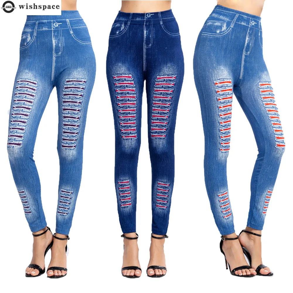 Top Trends: Fashion Stripe Printed Imitation Denim Leggings Elastic Slim HipTight Trousers Bubble Butt Pant Jeans Women Yoga Sportswear Shoppable Styles