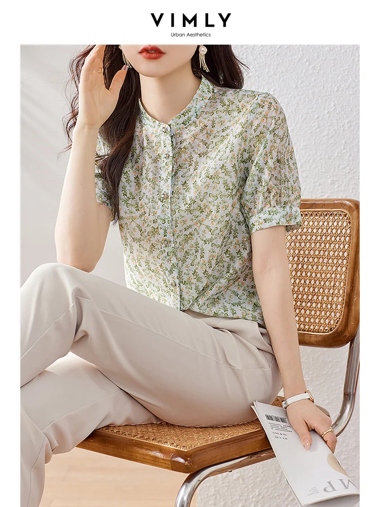 Top Trends: Vimly French Elegant Lyocell Floral Shirts For Women 2023 Office Lady Straight Lantern Short Sleeve Casual Thin Shirts &amp; Blouses Shoppable Styles