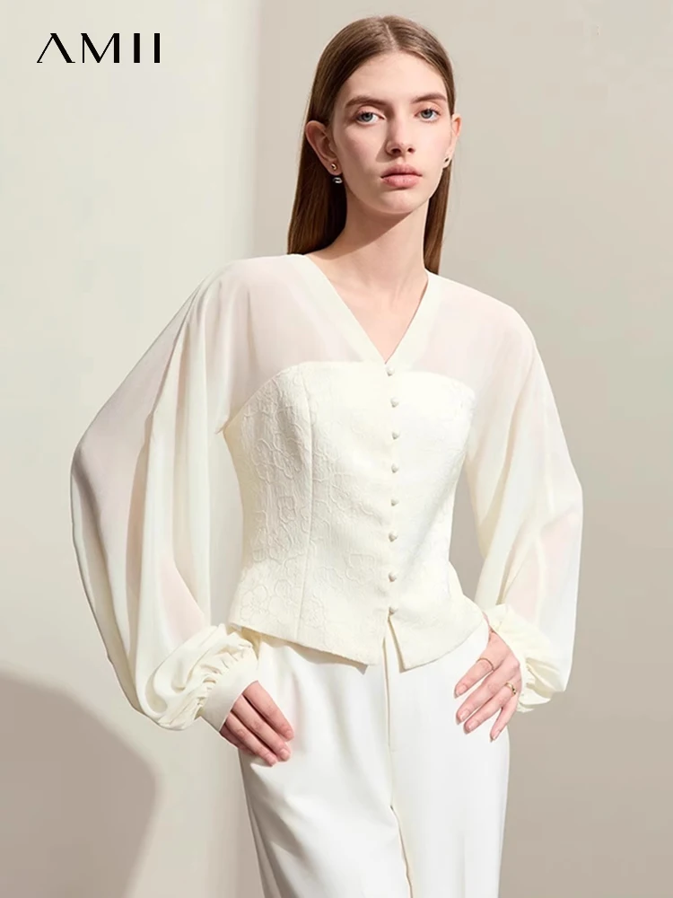 Top Trends: AMII Minimalism New Chinese Chiffon Shirt For Women 2024 Spring V-neck Jacquard Spliced Lantern Sleeve Shirts & Blouses 12451048 Shoppable Styles