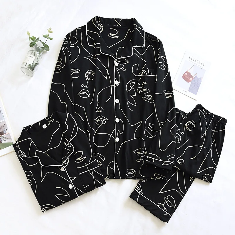 Top Trends: New Spring And Autumn Couples 100% Cotton Pajamas Long-sleeved Trousers Two-piece Female Abstract Painting Home Service Male Shoppable Styles