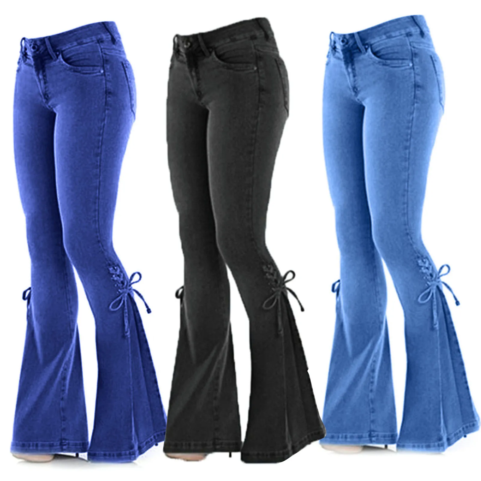 Top Trends: Sexy Mid Waisted Stretch Flared Pants Women Slim Fit Denim Jeans Wide Leg Casual Korean Style Skinny Bell Bottom Pocket Trousers Shoppable Styles