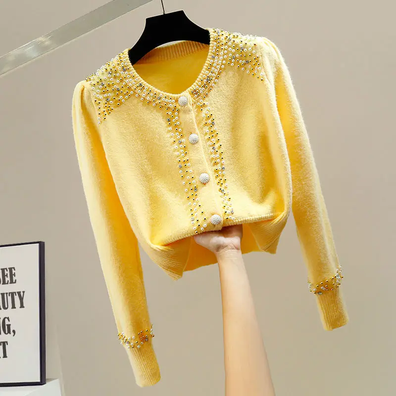 Top Trends: Fashion O-Neck Diamonds Beading Cardigan Sweater Female Clothing 2023 Autumn Winter New Loose All-match Sweet Tops Shoppable Styles