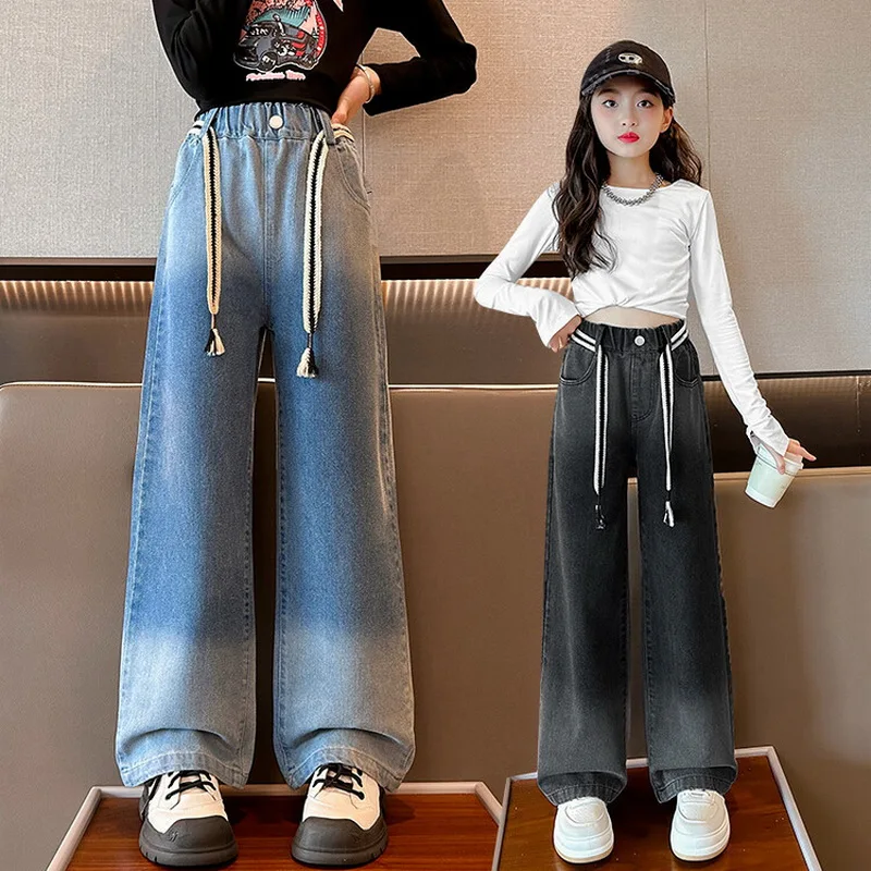 Top Trends: Girls Jeans Autumn 2024 Loose School Teens Straight Denim Pants For Kids Casual Elastic Waist Children Trousers 12 13 14 Years Shoppable Styles