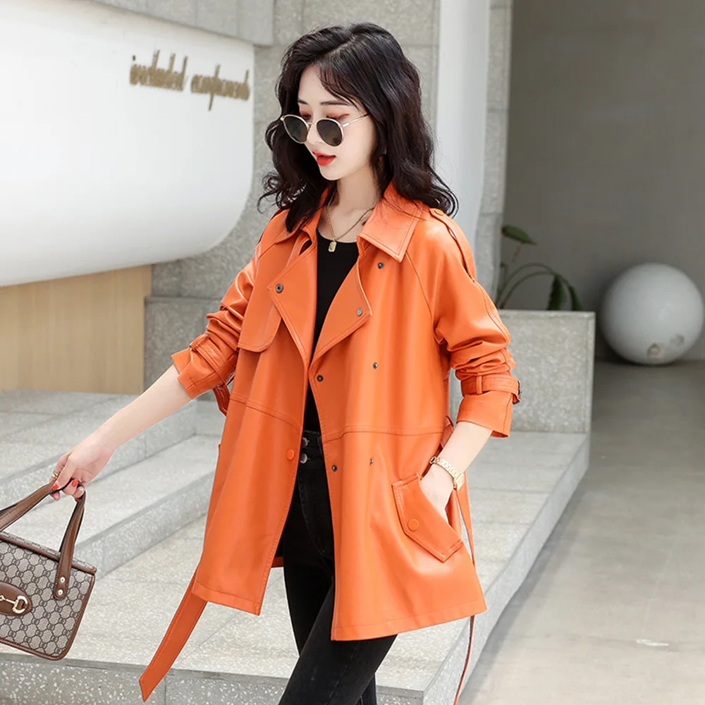 Top Trends: New Women Leather Trench Coat Spring Autumn Casual Fashion Turn-down Collar Long Sleeve Belt Sheepskin Jacket Loose Outerwear Shoppable Styles