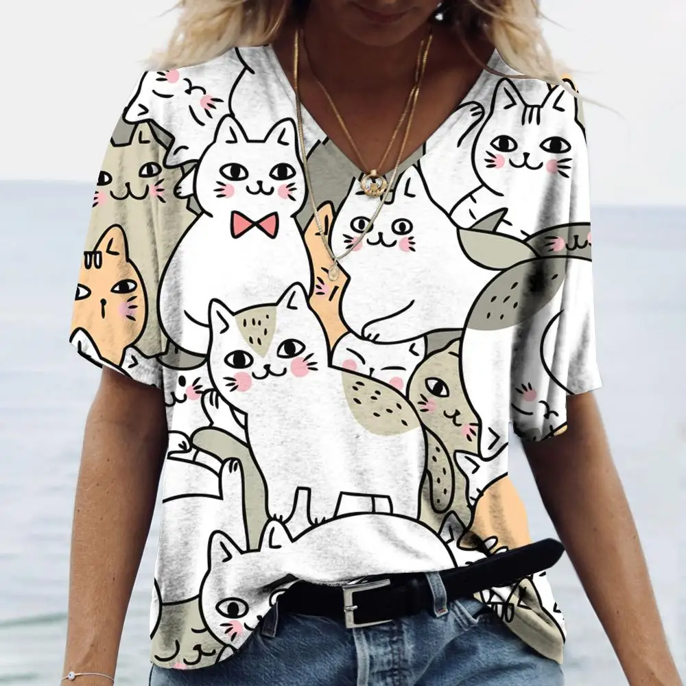 Top Trends: Cartoon Kitten Women's T Shirt Harajuku Clothing Summer V-neck Girls Pullover Cotton Short Sleeve Tees Female Casual Streetwear Shoppable Styles