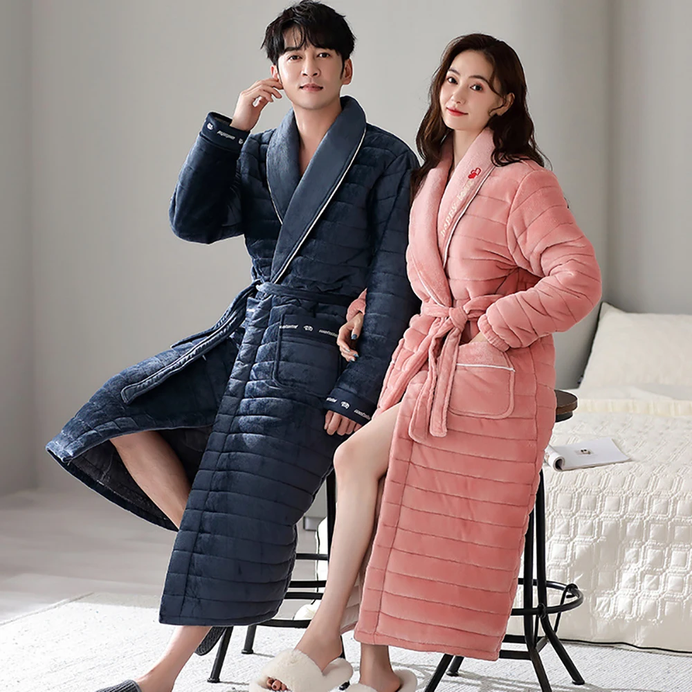 Top Trends: Couple Winter High-grade Milk Cashmere Sleepwear 3-Layer Super Thicken Lengthen Robe Soft Windproof Night Dress Men's Bathrobe Shoppable Styles