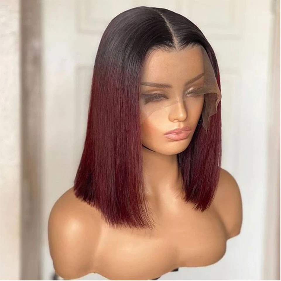 Top Trends: 99J Red Colored Human Hair Wigs For Women Short 13X6X1 Lace Front Wigs 99J Red Ombre Straight Bob Remy Brazilian Hair Wigs Shoppable Styles