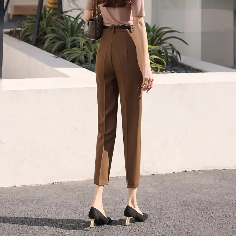 Top Trends: Office Lady Fashion Coffee Harlan Suit Pants Spring Summer Thin Women Koreon Women High Waist Casual Slim Cropped Trousers 2023 Shoppable Styles - Image 4