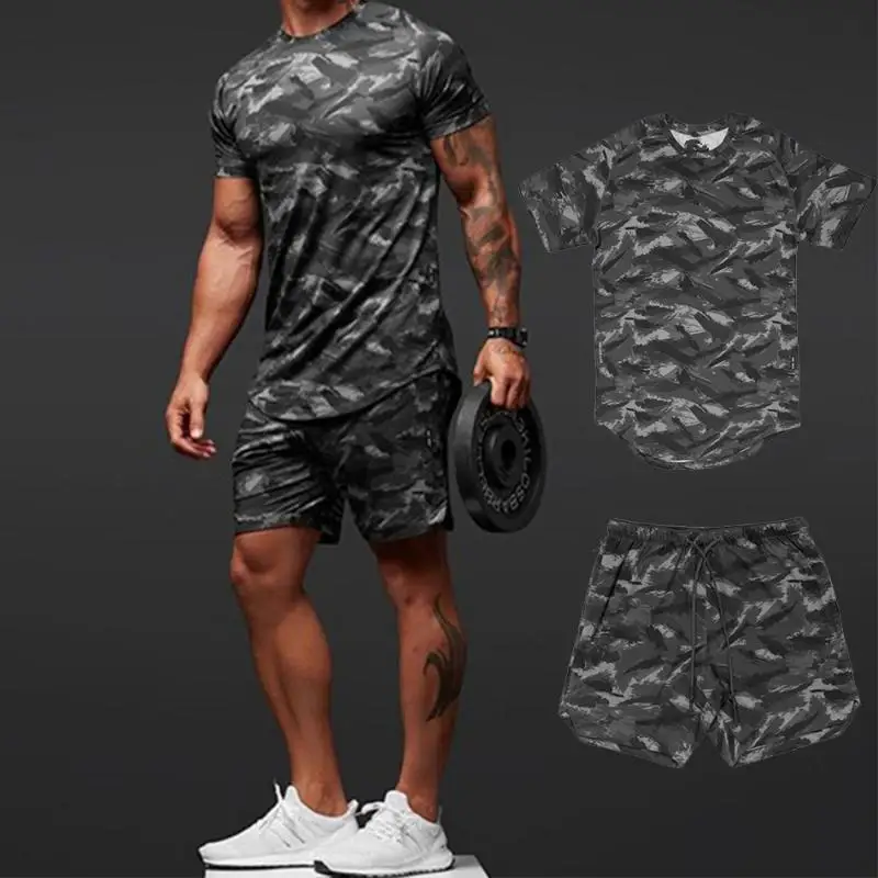 Top Trends: Summer Two Piece Set Men's Camouflage Short Sleeve Suit Fitness Trend Casual Breathable Sportswear Male T-shirt+ Shorts 3XL Shoppable Styles