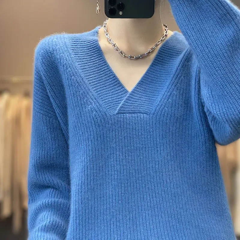 Top Trends: Autumn And Winter New 100 Pure Cashmere Sweater Women's Thickened V-neck Solid Color Sweater Loose All-match Wool Knitted Base Shoppable Styles - Image 4