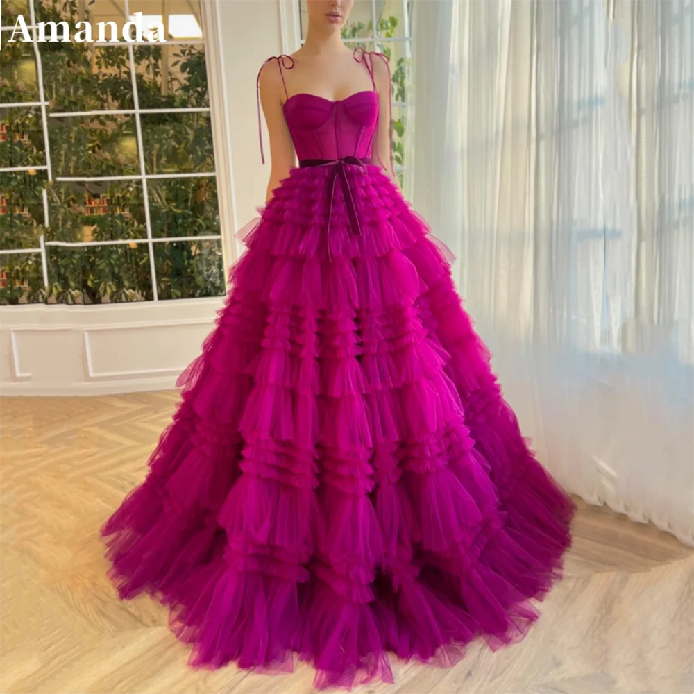 Top Trends: Amanda Handmade Multilayer Prom Dress Elegant Fuchsia A-line فساتين السهرة Sexy Spaghetti Strap Floor Lenght Vestidos De Noche Shoppable Styles