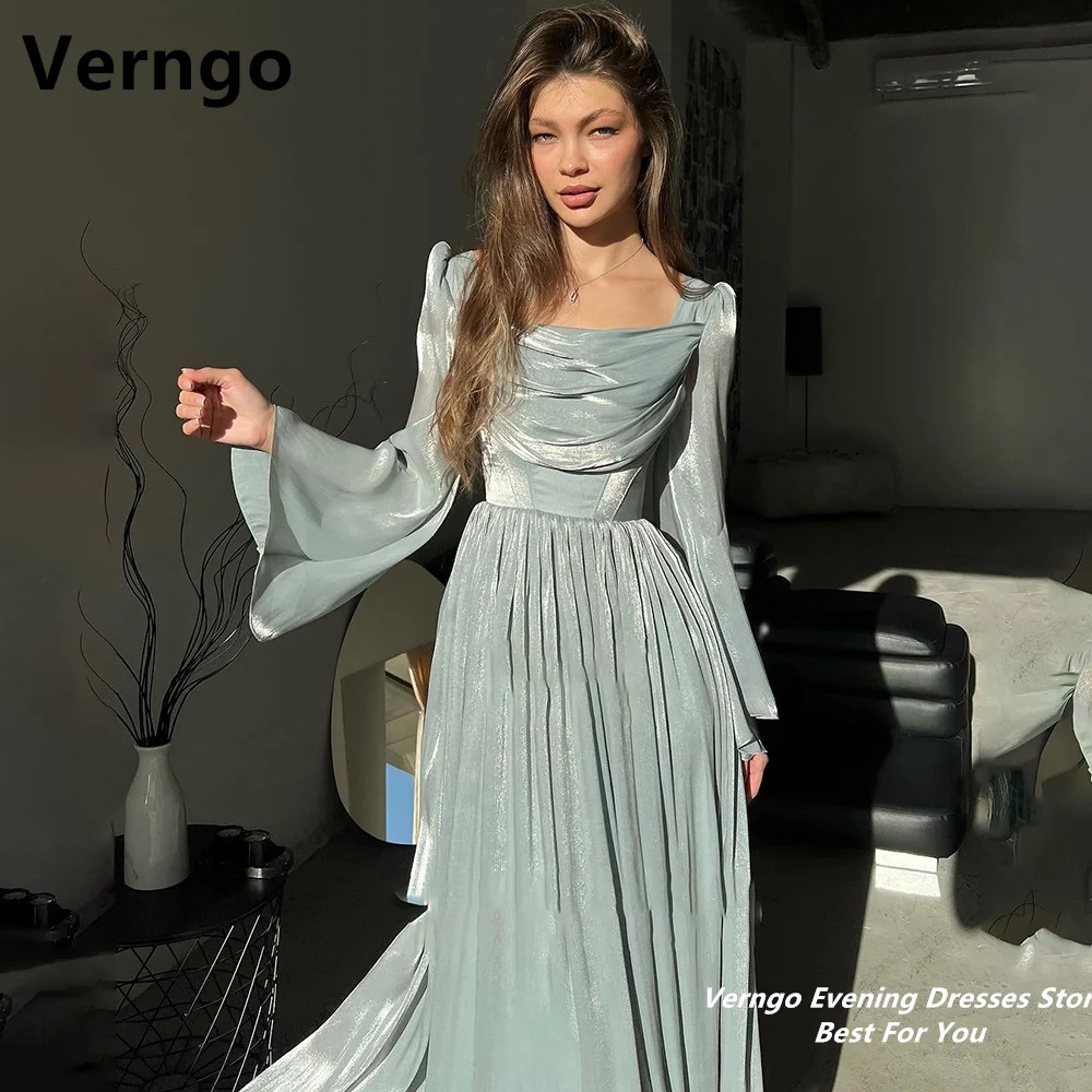 Top Trends: Verngo Blue Long Puff Sleeves O Neck A Line Dress For Special Event Long Evening Dress Pleat Tiered Elegant Prom Gown Elegant Shoppable Styles