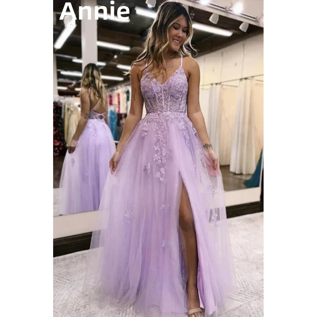 Top Trends: Annie Purple Spaghetti Straps Prom Dresses Tulle Embroidery Evening Dress A-line Occasions Party Dresses 2024 فساتين السهرة Shoppable Styles