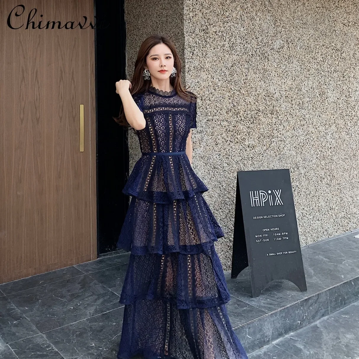 Top Trends: Maxi Dresses For Women 2023 New Summer Dark Blue Exquisite Lace Stitching Short Sleeve Multi-layer Cake Dress Slimming Dress Shoppable Styles