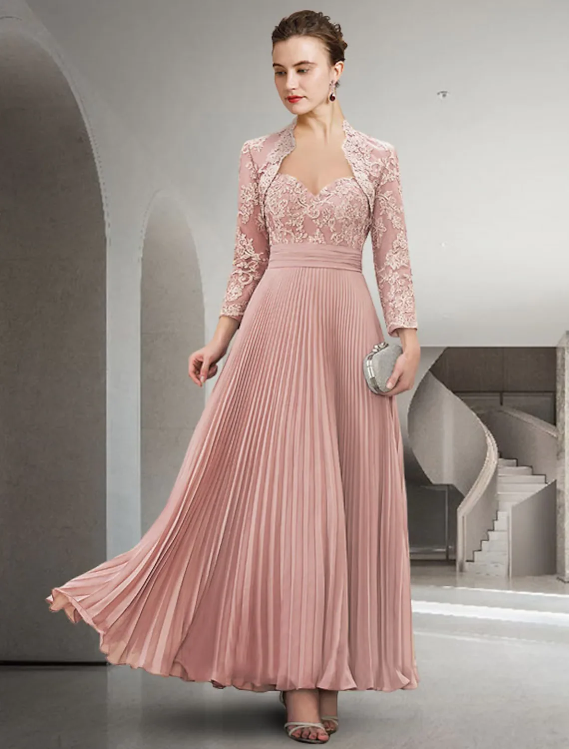 Top Trends: Two Piece A-Line Mother Of The Bride Dress Elegant Sweetheart Neckline Floor Length Chiffon Lace Long Sleeve With Pleats Shoppable Styles