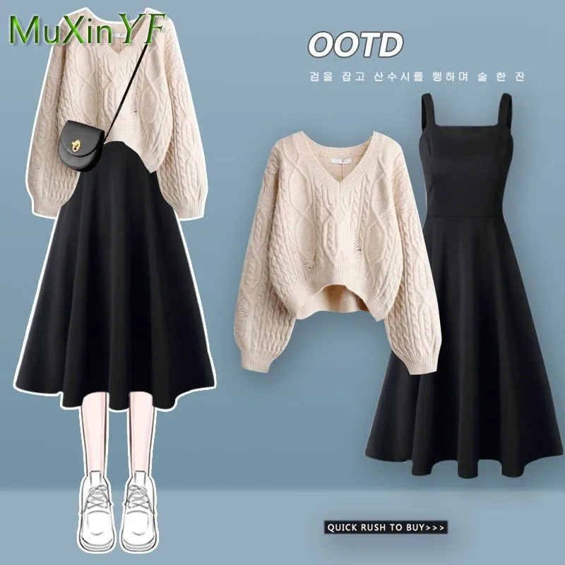 Top Trends: 2023 Autumn / Winter New Matching Set Women&#039;s Loose Sweater+ Black Dress Two Piece Korean Elegant Chic Pullover Sling Skirt Suit Shoppable Styles