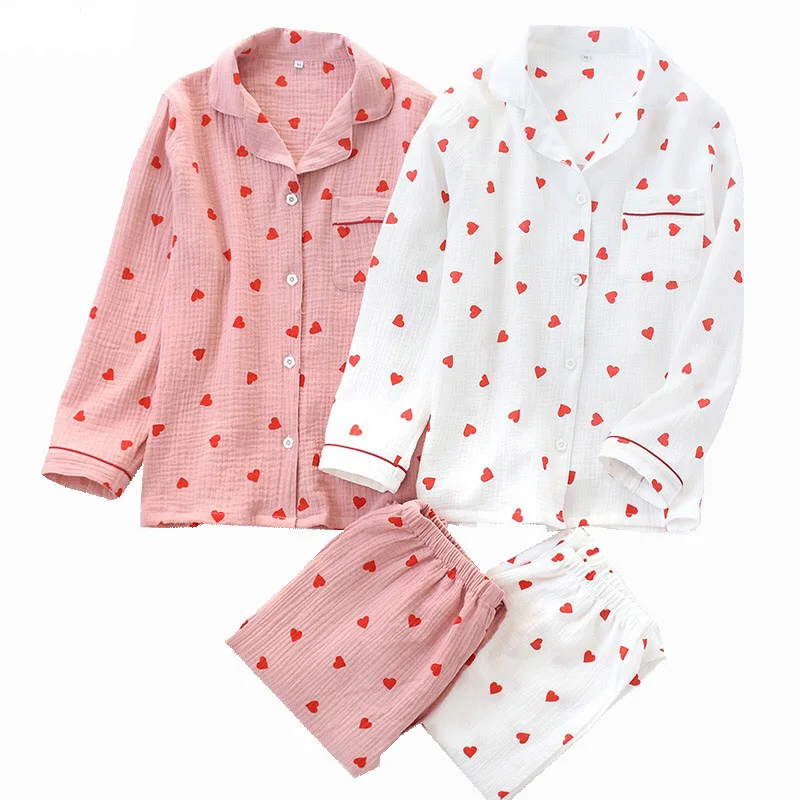 Top Trends: Spring New Ladies Pajamas Set Heart Printed Crepe Cotton Double-layer Gauze Turn-down Collar Long-sleeve Trousers Household Wear Shoppable Styles