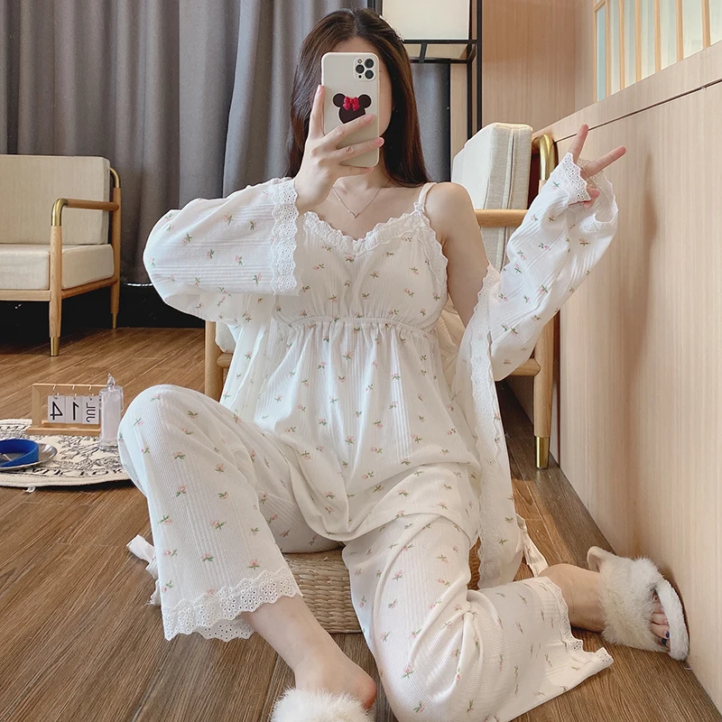 Top Trends: 3pcs Lace Cotton Maternity Nursing Sleepwear Sets Breast Feeding Pajamas For Pregnant Women Pregnancy Lacation Home Hospital Shoppable Styles