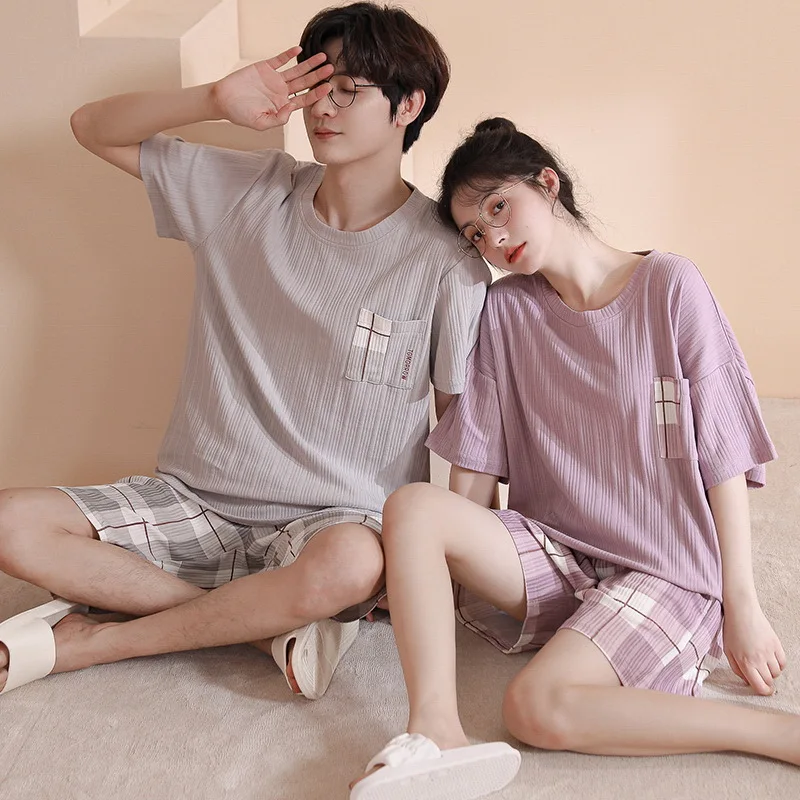 Top Trends: Cotton Couples Pajamas Set For Men Women Summer Short Sleeves Sleep Top & Shorts Homewear Female Male Night Clothing Hombre Shoppable Styles - Image 6