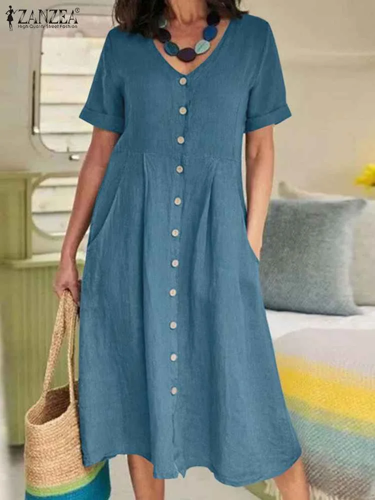 Top Trends: ZANZEA Summer Fashion Women Dress Solid Short Sleeve V-Neck Cotton Button Vestido Elegant Casual Oversized Midi Shirtdress 2023 Shoppable Styles