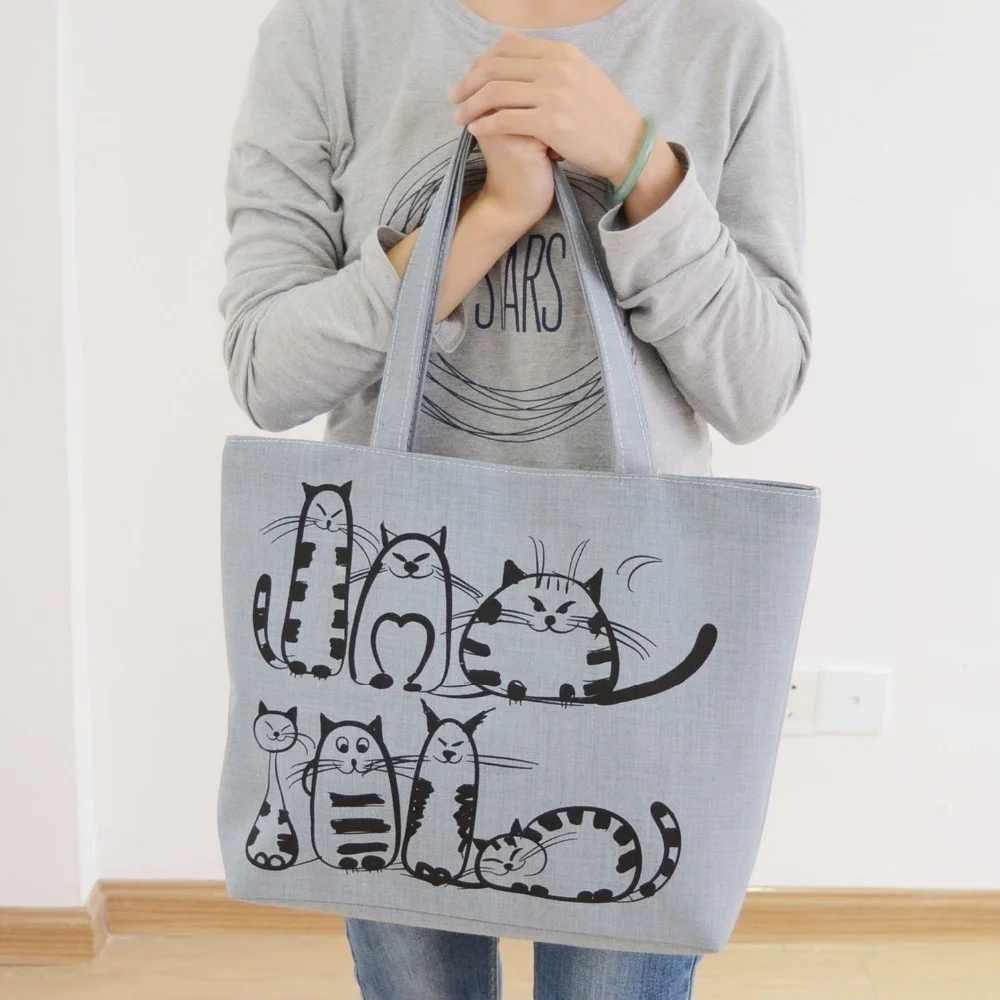 Top Trends: Cartoon Cats Printed Beach Zipper Bag Women Fashion Canvas Tote Shopping Handbags Shoppable Styles