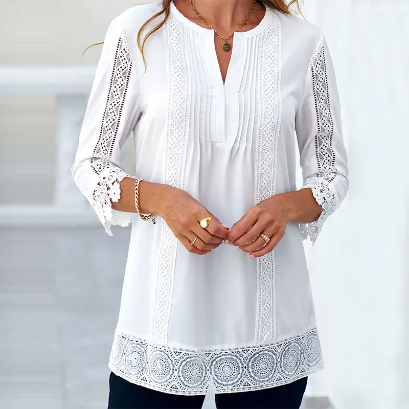 Top Trends: Spring Autumn Hollow Out Fashion Elegant Simple Blouse Women Clothing Solid White Lace Shirts Female Tunics Shoppable Styles