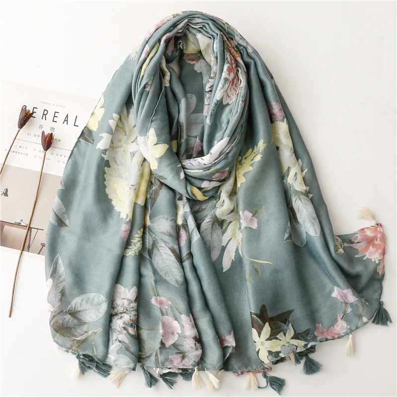 Top Trends: Lady Wind Elegant Small Pure Fresh Cotton Viscose Linen Shawl Scarf Green Flowers Tassel Travel Hijab Pashmina Muslim 180*90Cm Shoppable Styles