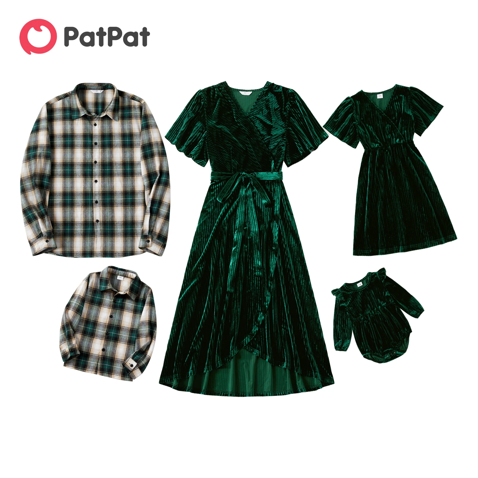 Top Trends: PatPat Family Matching Outfits Green Velvet Surplice Neck Ruffle-sleeve Women Dresses And Plaid Shirts Family Look Sets Shoppable Styles