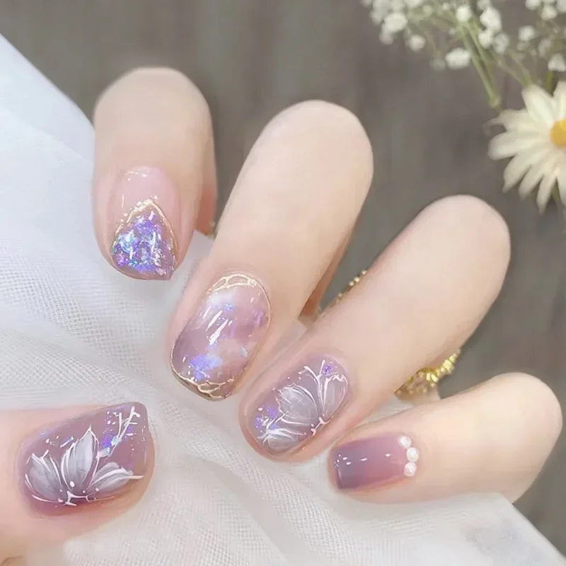 Top Trends: 24Pcs Purple Short Round False Nails With Aurora Flower Design Detachable Korean Press On Nails Fake Acrylic Manicure Tips Shoppable Styles