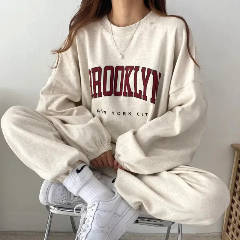 Top Trends: Casual Brooklyn Letter Print Fleece Sweatshirt Women Suit O-neck Two Piece Sets Womens Outfits 2023 Autumn Ladies Y2k Tracksuit Shoppable Styles