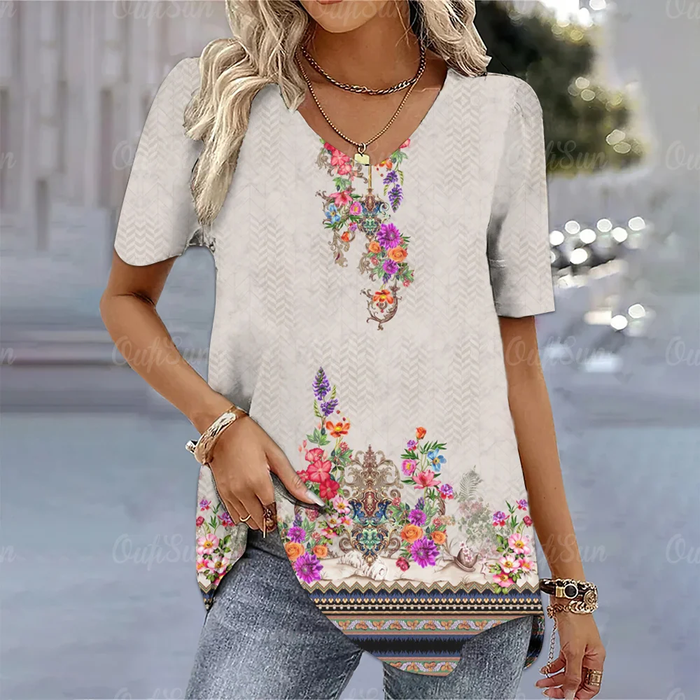 Top Trends: Womens T Shirts Vintage Short Sleeve Printed Blouse Oversize Casual Clothing V Neck Pullover Floral Shirt Female Street Tees Top Shoppable Styles