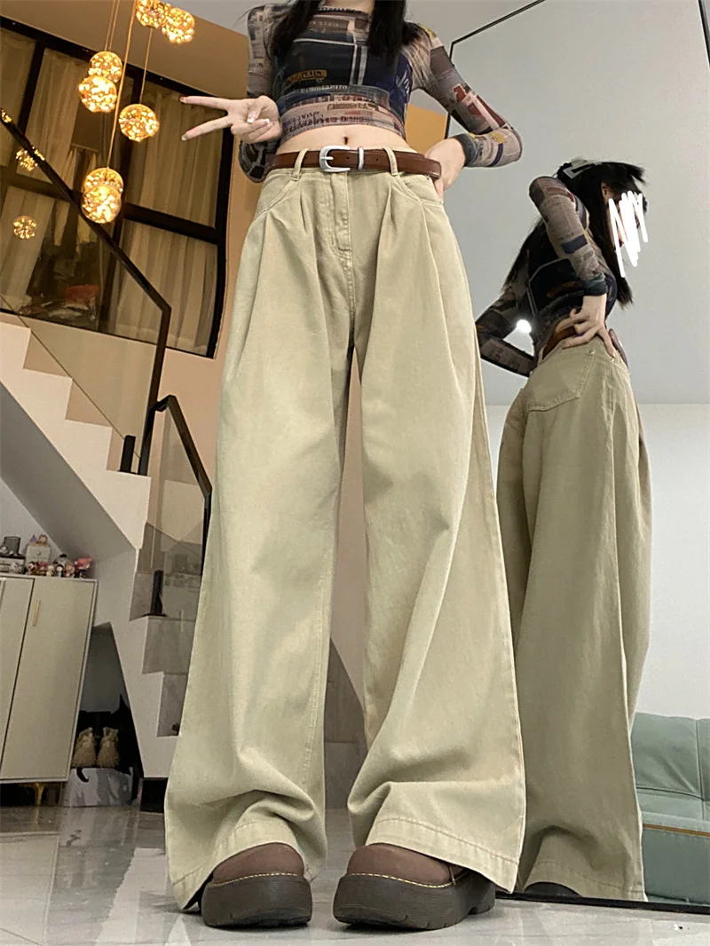 Top Trends: QWEEK Y2K Vintage Khaki Baggy Jeans Women Korean Style Basic White Denim Pants Oversized Harajuku Retro Wide Leg Trousers Shoppable Styles