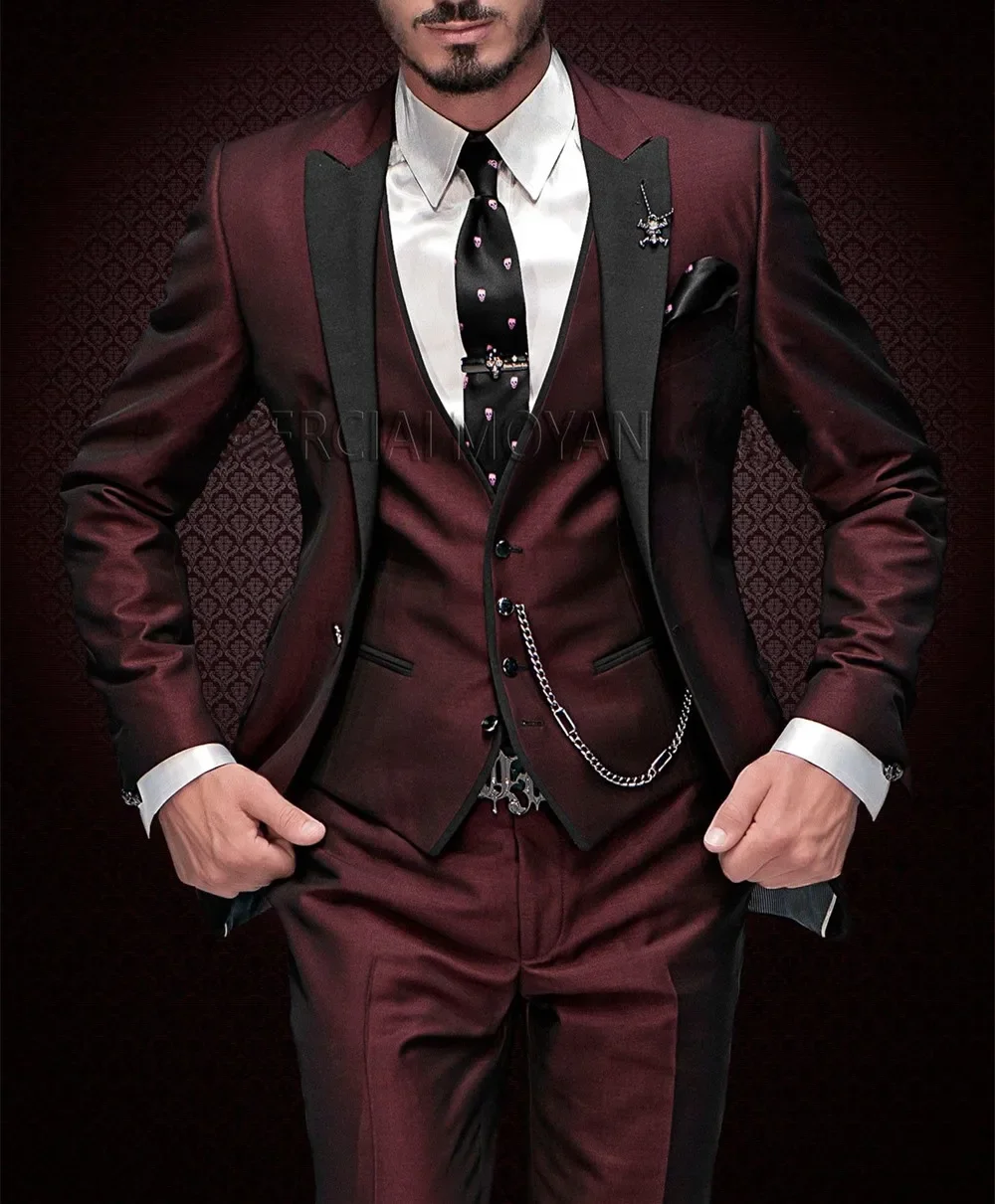 Top Trends: 2023 New Arrival Peak Black Lapel Groom Tuxedos Burgundy Men Suits Wedding 3 Pieces(Jacket+ Pant+ Vest+ Tie)traje De Novio Par Shoppable Styles